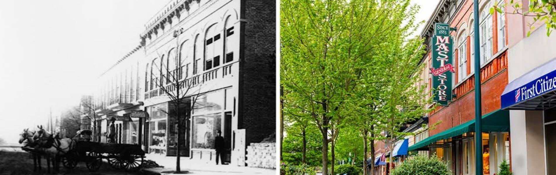 photos of Mast General Store side by side with historic photo of building