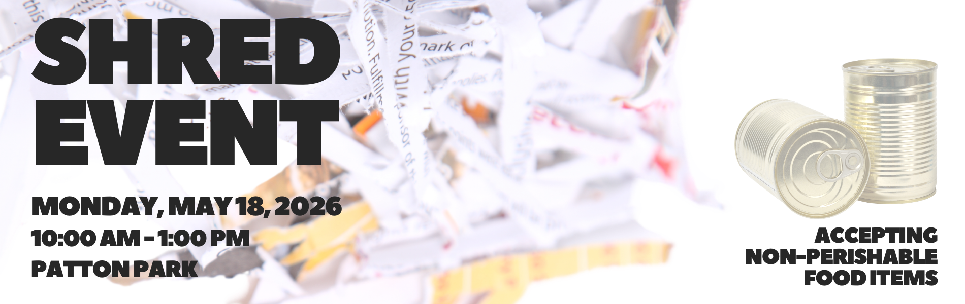 Shred Event image, with shredded paper and two tin cans. 