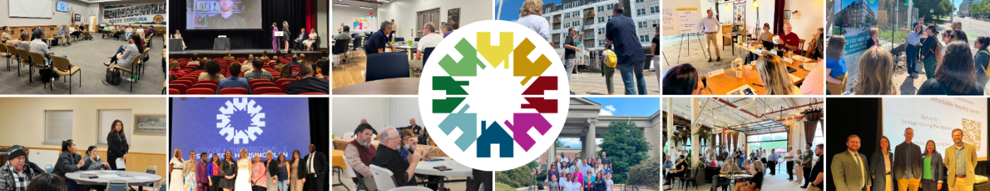 collage of housing meetings with a colorful housing logo in the center