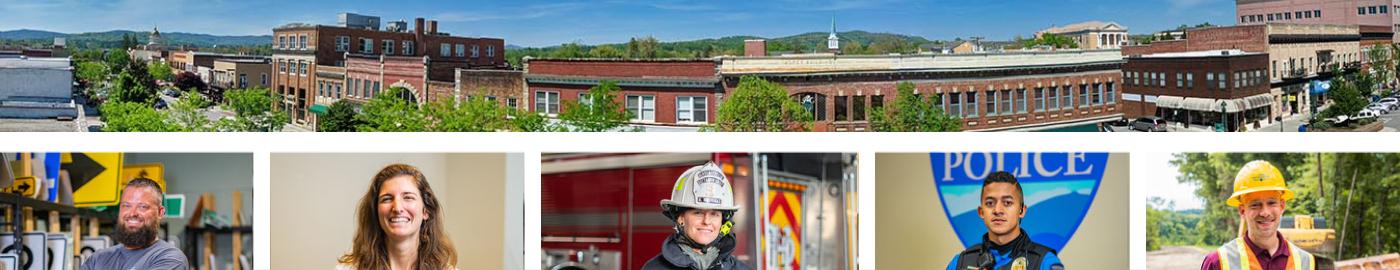 skyline of Hendersonville and five employees in varying uniforms