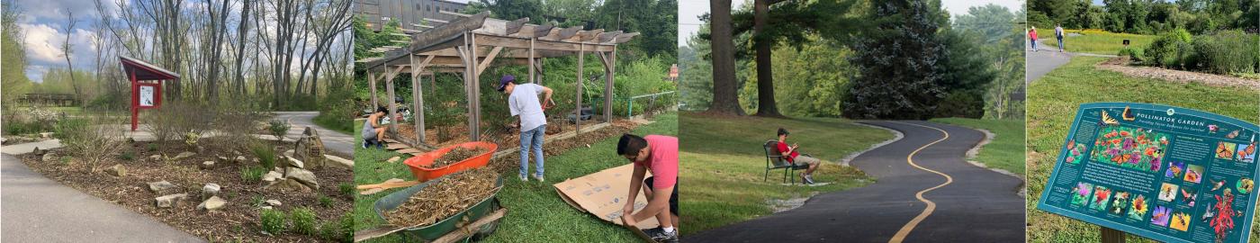 banner of pollinator bed, community garden, and Oklawaha Trail.