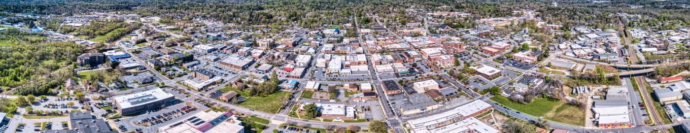 Panoramic  drone view of downtown Hendersonville 