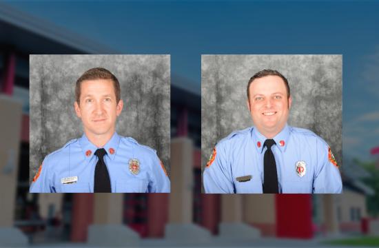 2 firefighters wearing blue uniform shirts and ties