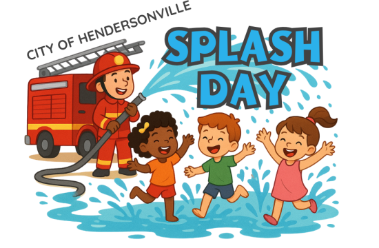 Cartoon of firefighter spraying water and 3 kids playing in it