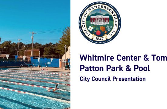 Patton pool with outdoor swimming lanes and the city seal