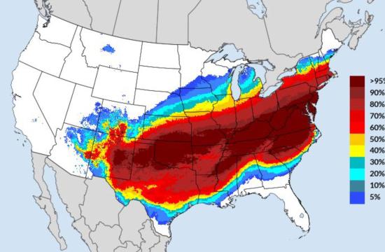 Map of USA showing big winter storm impacts in red on over half of country