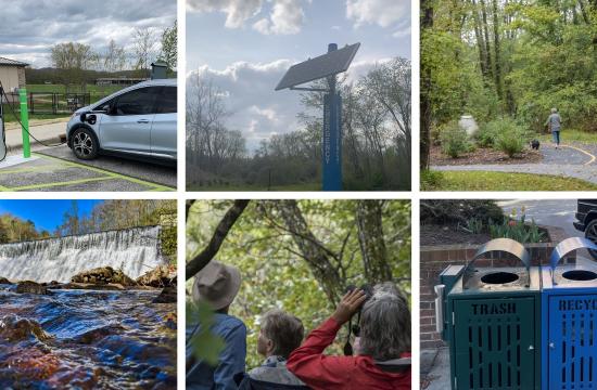 EV charger, solar panel, greenway, waterfall, birdwatchers, trash cans