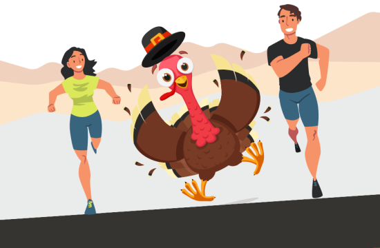 Cartoon turkey, man, and woman running.