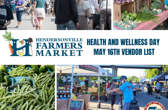 collage of photos of people at the market and veggies to promote health and wellness day at the Hendersonville Farmers Market