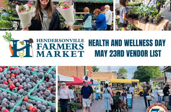 graphic to advertise the Hendersonville Farmers Market Vendor List - May 23rd with pictures of produce vendors and customers