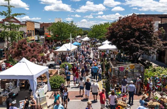 Picture of Mainstreet with vendors, plants, and people.