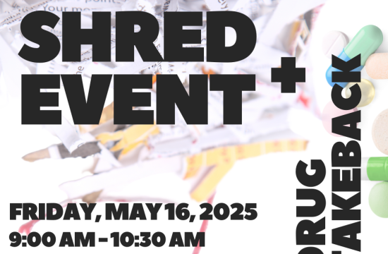 Shred Event and Drug Take Back Infographic with shredded paper and pills in the background