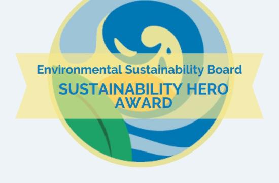 Sustainability Hero Award Nominations Open graphic, with blue wave and leaf logo.