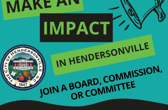 Megaphone with text "Make an Impact in Hendersonville. Join a board, commission or committee."