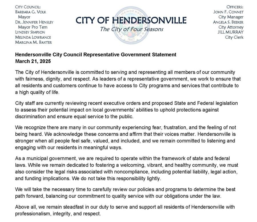 City Council Letterhead with statement on representative government