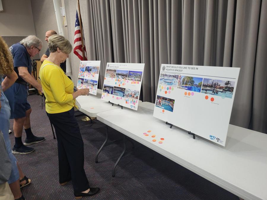 Person voting with dots at a public input meeting