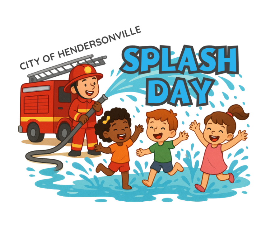 Cartoon of firefighter spraying water and 3 kids playing in it