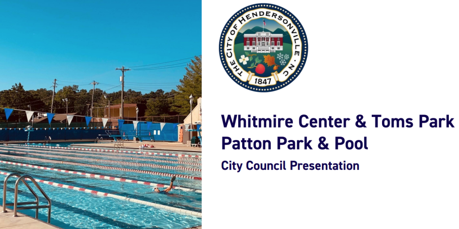 Patton pool with outdoor swimming lanes and the city seal