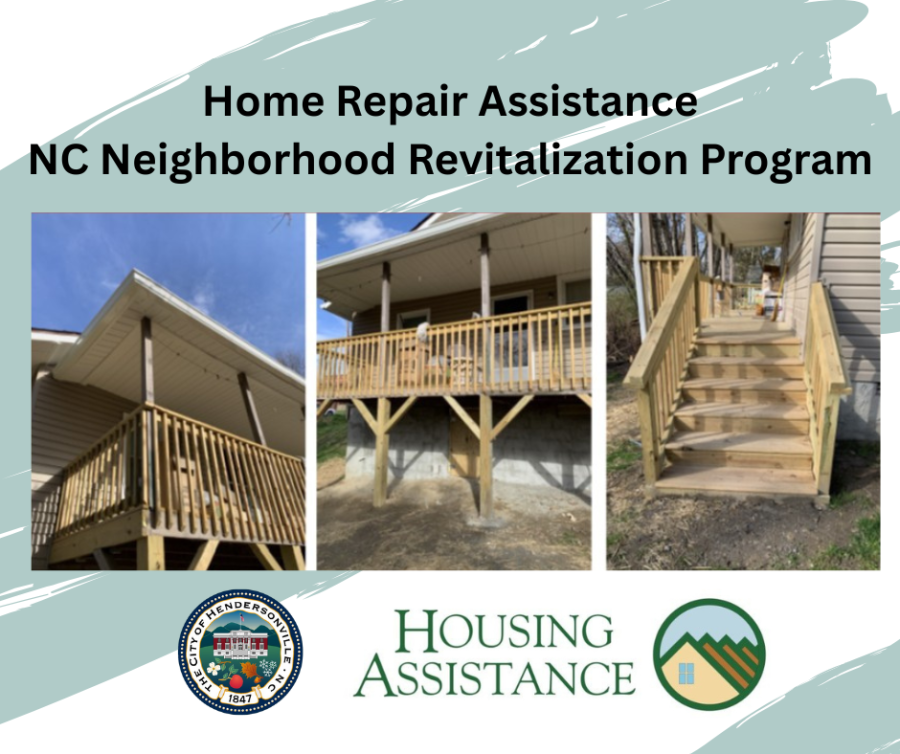 3 photos of new decking on an older home with hendersonville and housing assistance corporation logos