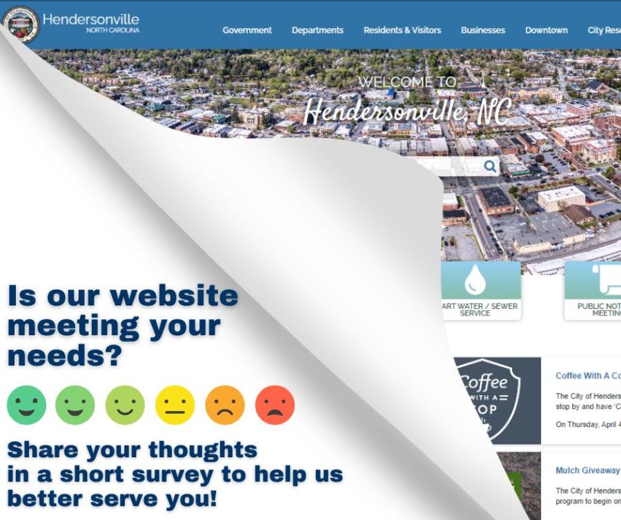 website homepage with text peeking out inviting people to take a survey with a series of emoji faces ranging from happy to sad
