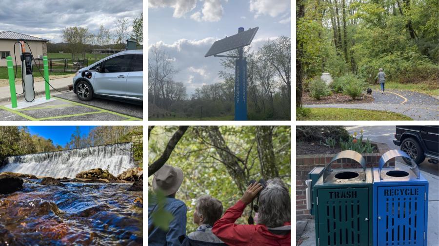 EV charger, solar panel, greenway, waterfall, birdwatchers, trash cans