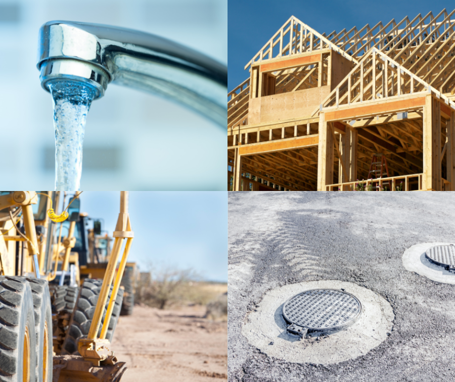 faucet, house under construction, bulldozer, manhole covers