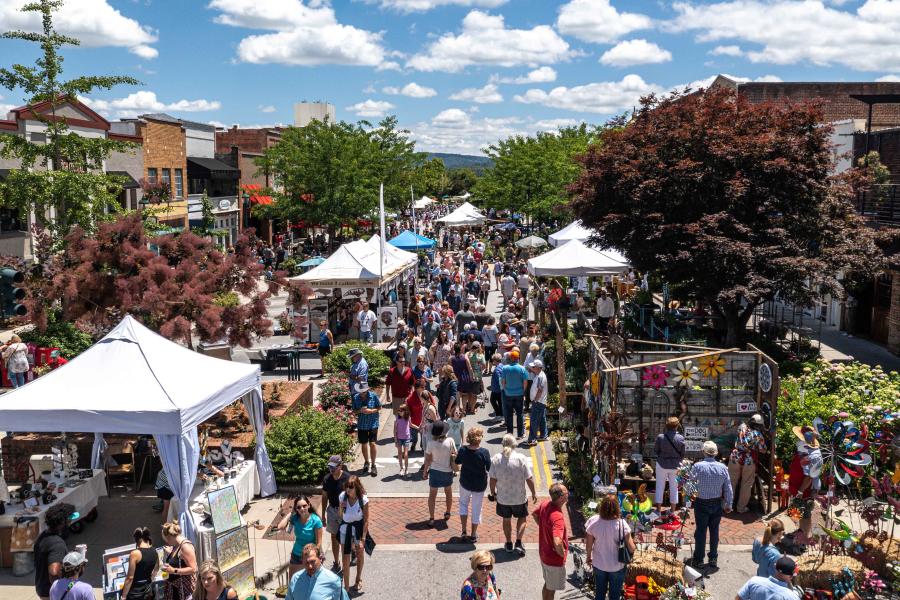 Picture of Mainstreet with vendors, plants, and people.