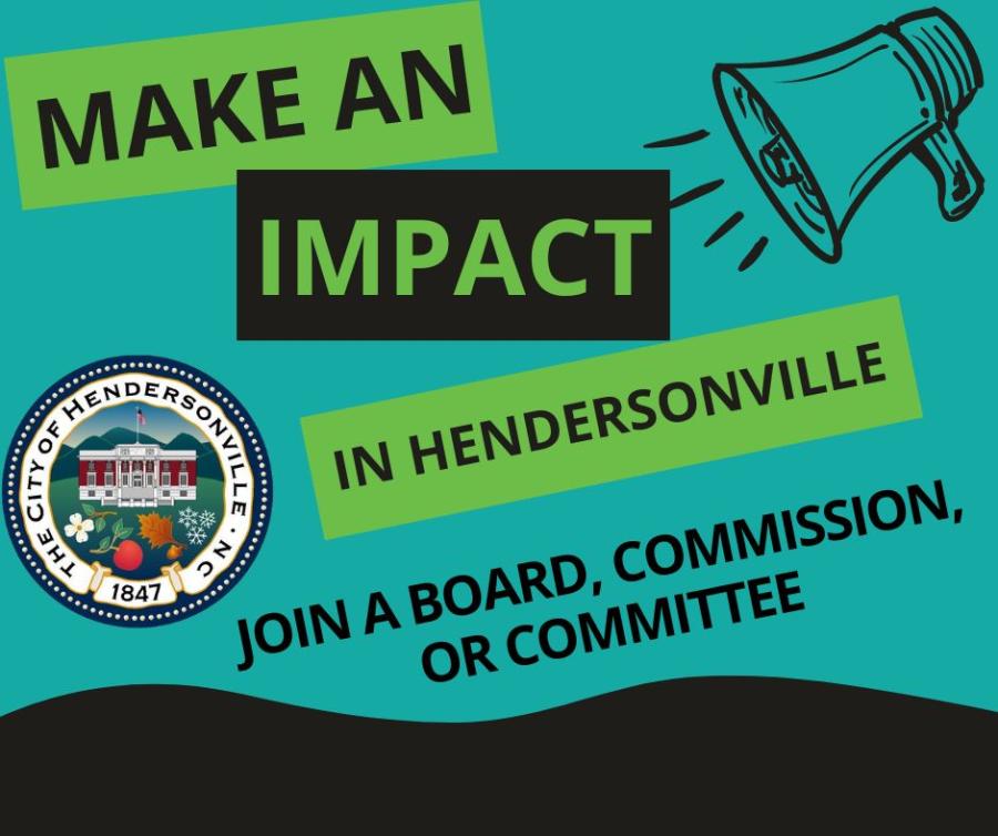 Megaphone with text "Make an Impact in Hendersonville. Join a board, commission or committee."