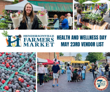 graphic to advertise the Hendersonville Farmers Market Vendor List - May 23rd with pictures of produce vendors and customers