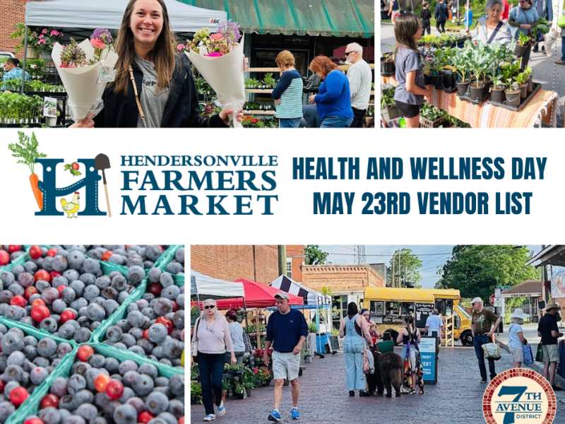 graphic to advertise the Hendersonville Farmers Market Vendor List - May 23rd with pictures of produce vendors and customers