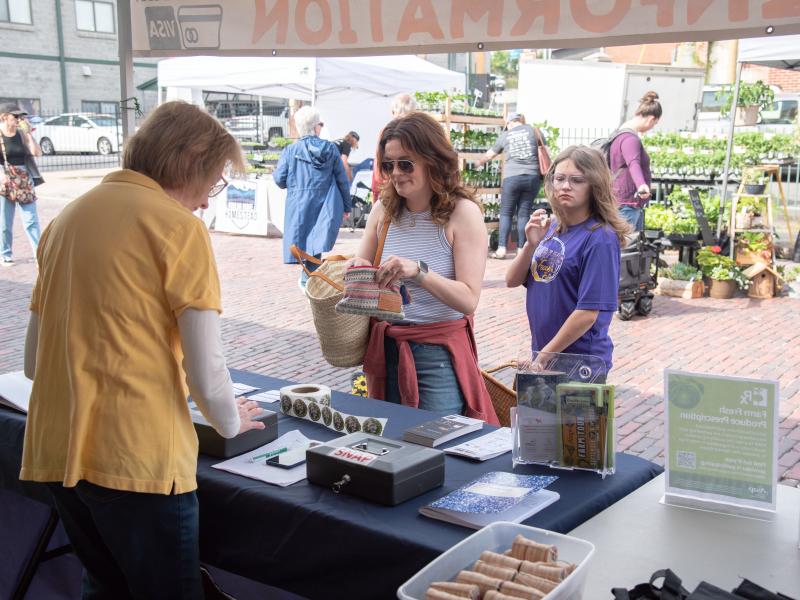 Volunteer working with a customer at the Hendersonville farmers market 