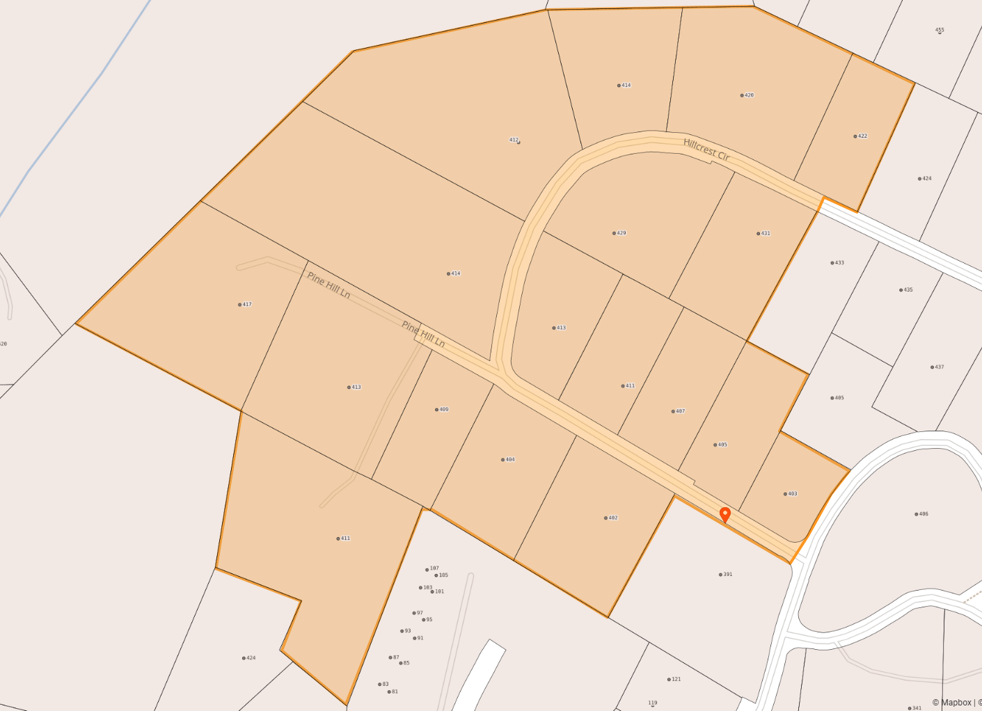 Map of Hillcrest Circle and East Pine Hill Lane in Hendersonville