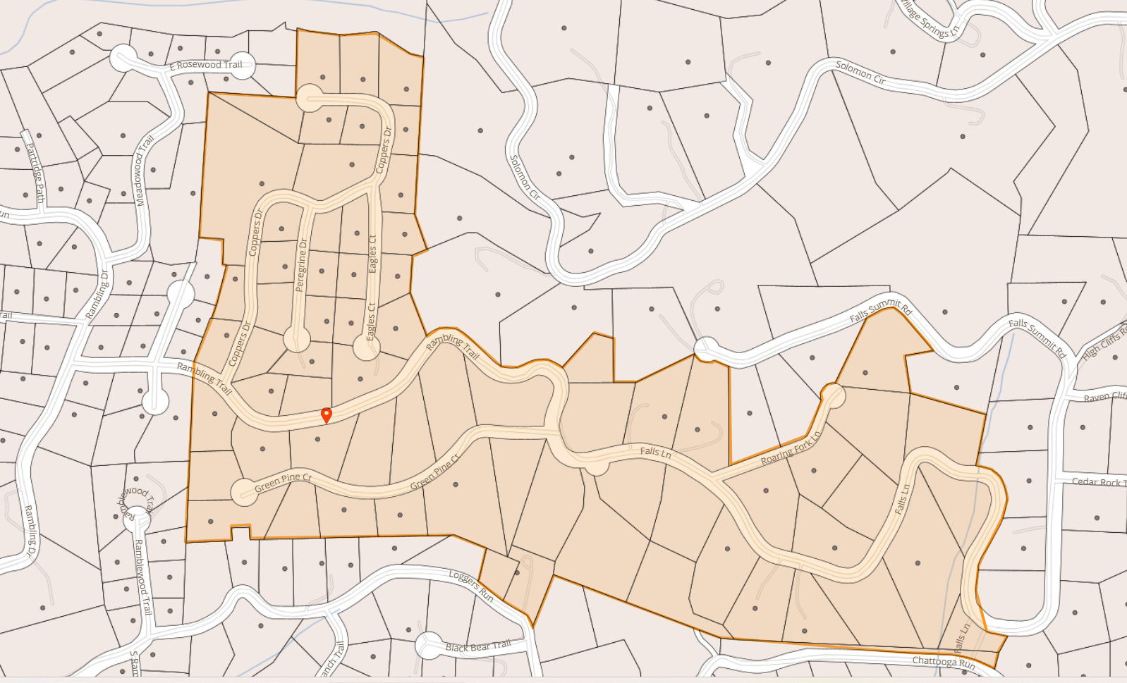 Map of Falls Ln, Rambling Trail, and Coopers Dr area of Hendersonville