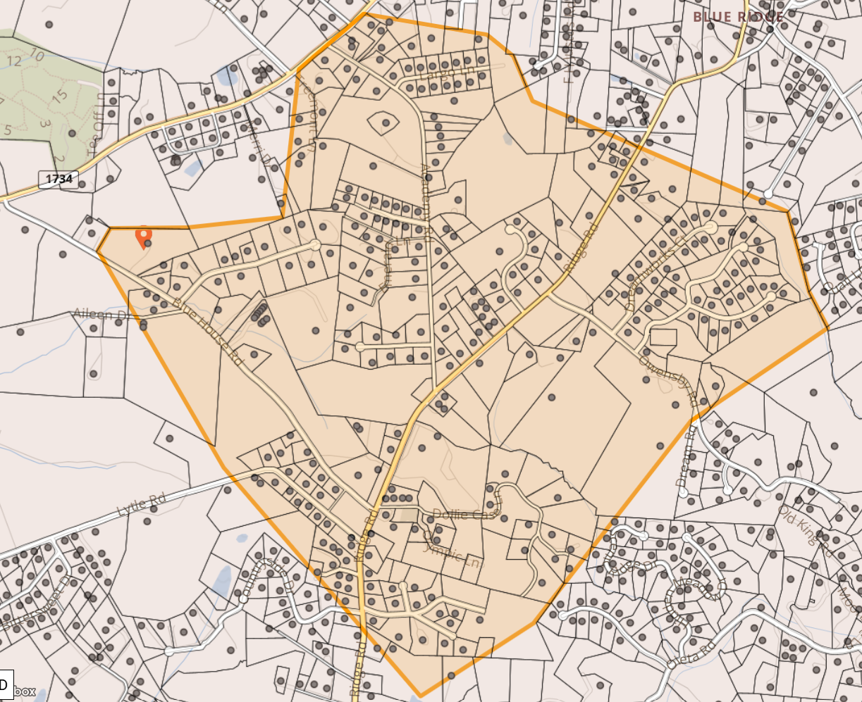 Map of Blue House Rd, Academy Rd, Ridge Rd and Owensby Rd in Hendersonville