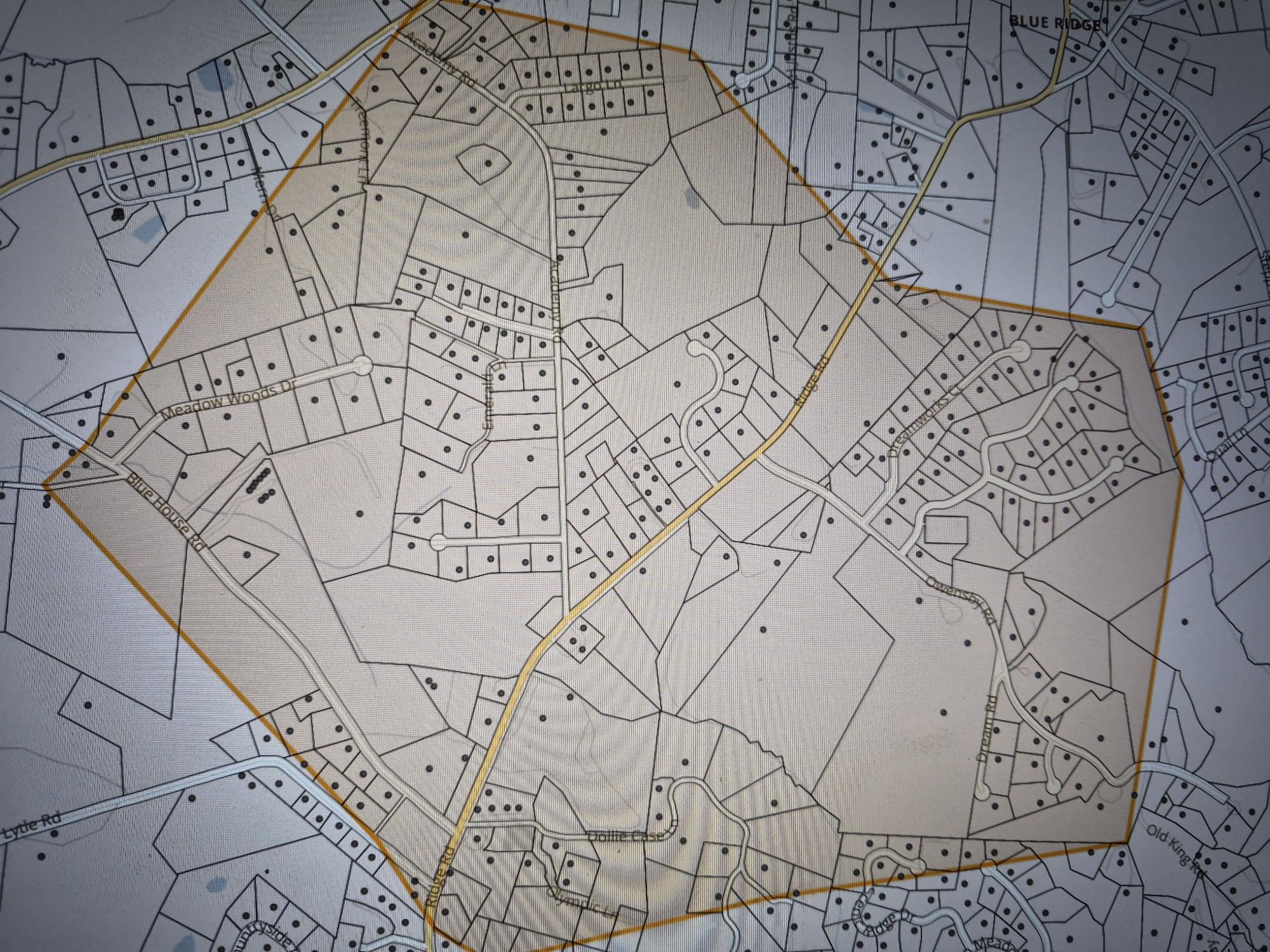 Map of Blue House road, Ridge Rd, and Academy road areas
