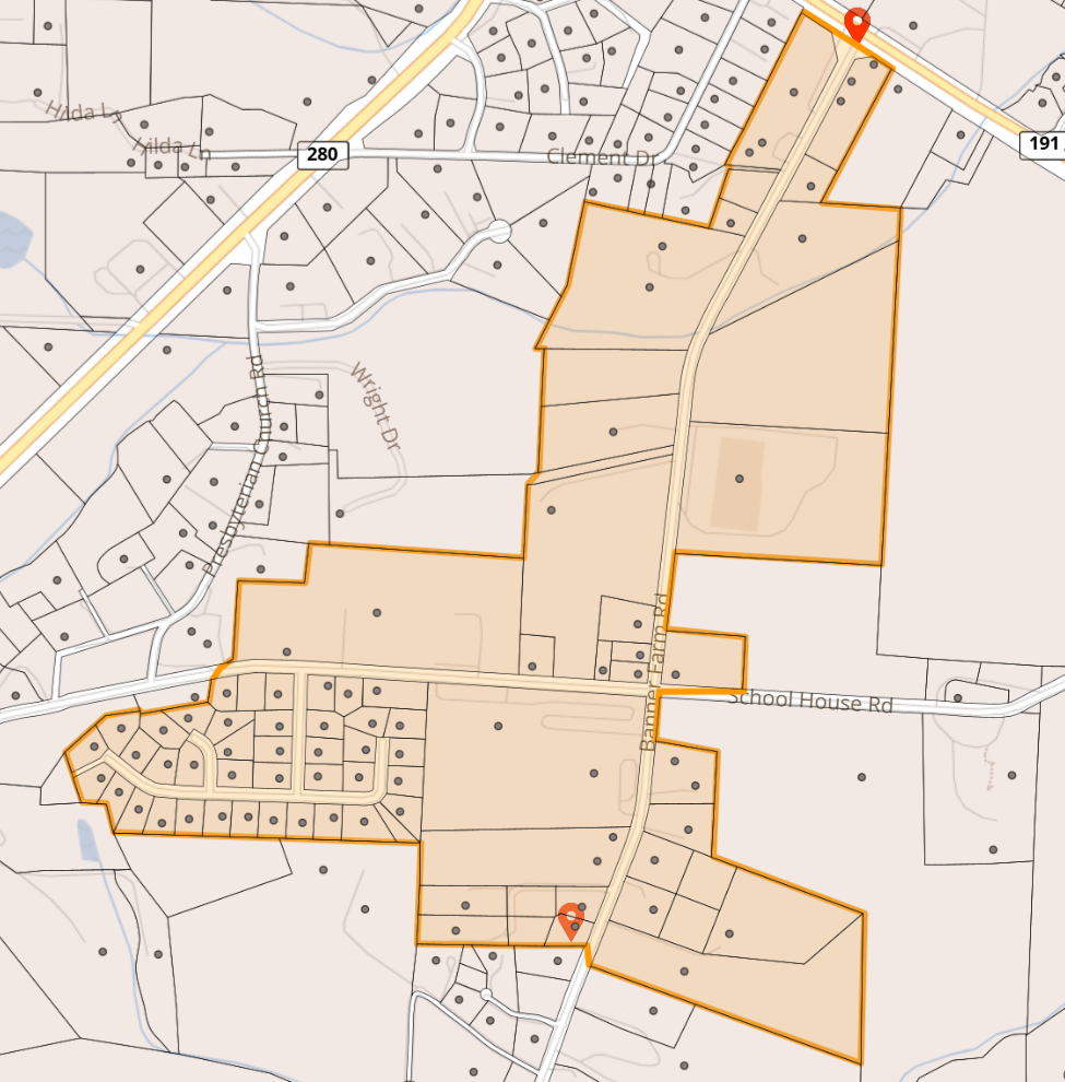 Map of Banner Farm Rd, Part of School House, Wedgewood Dr, and E & W Chippendale in Mills River