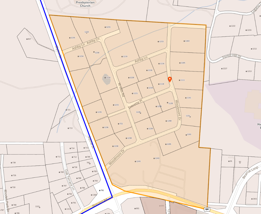 Map of the area of Ashby ln, W Hills Rd, Everette Pl, and Woodmont Dr in Hendersonville 