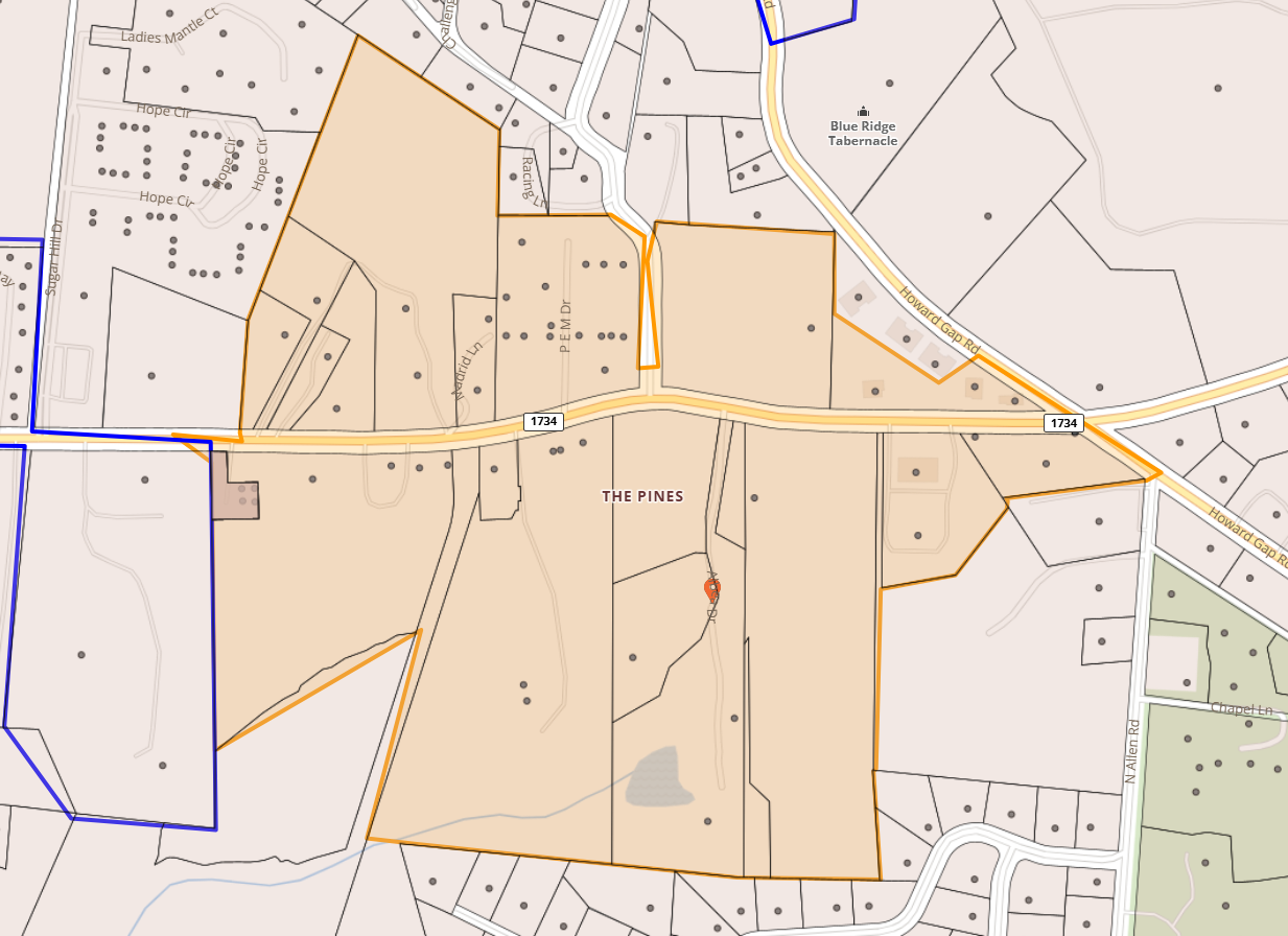 Map of a section of Sugarloaf Rd from the Fire Station to Howard Gap Rd