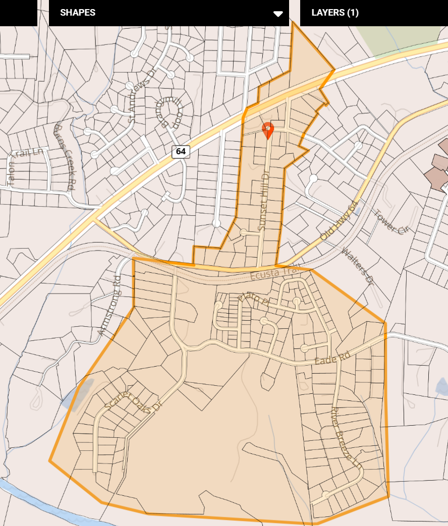 Map of Sunset Hill Dr, Eade Rd, Plato Place, River breeze, and Scarlet Oaks Dr area of Etowah 