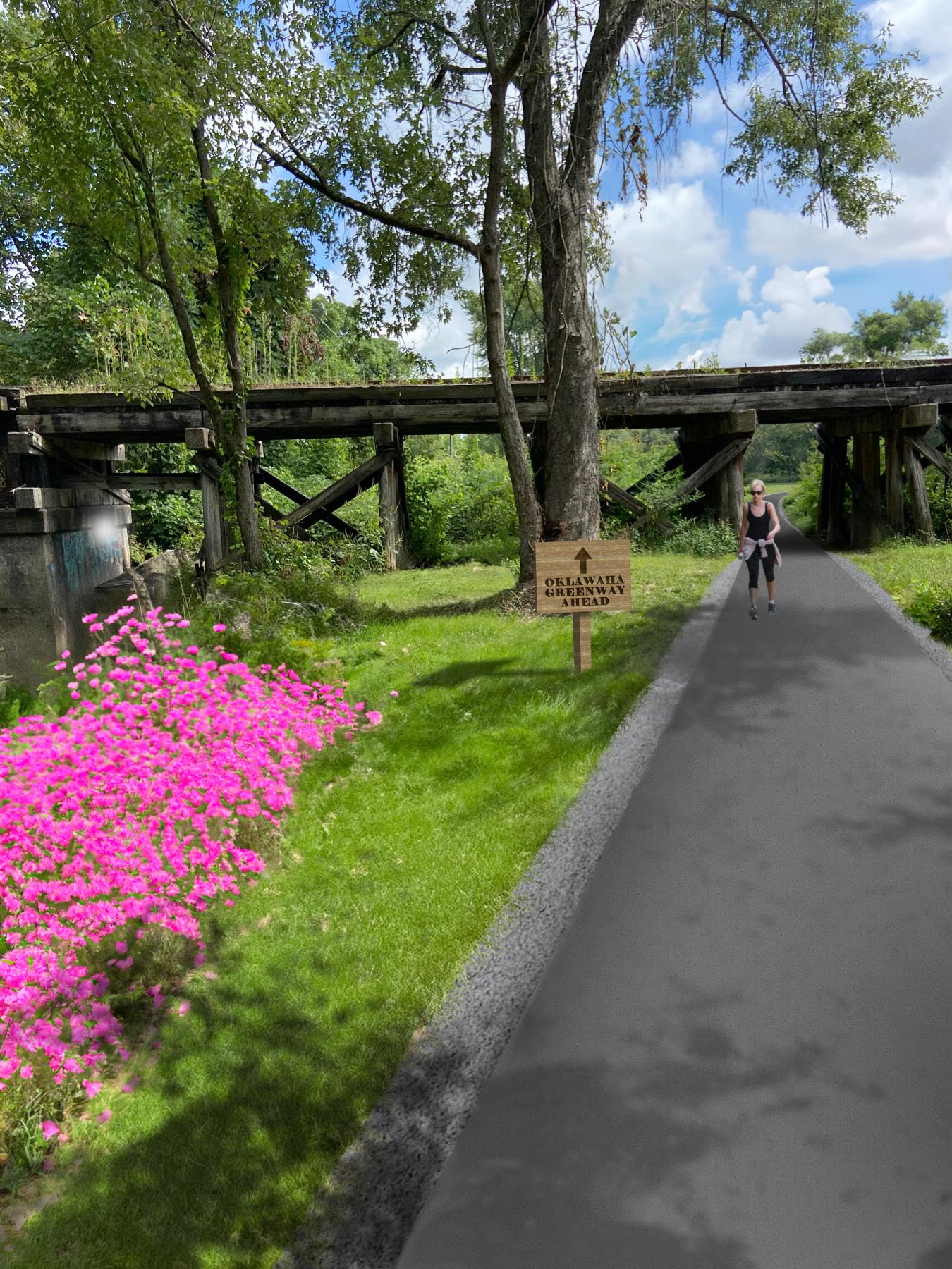 artist rendering of a greenway path going under a railroad bridge