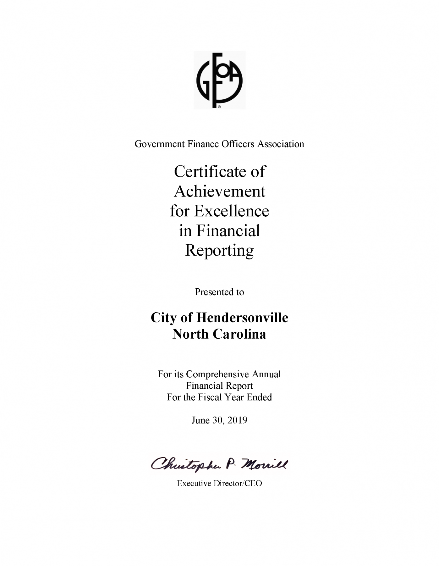 2019 Certificate of Achievement