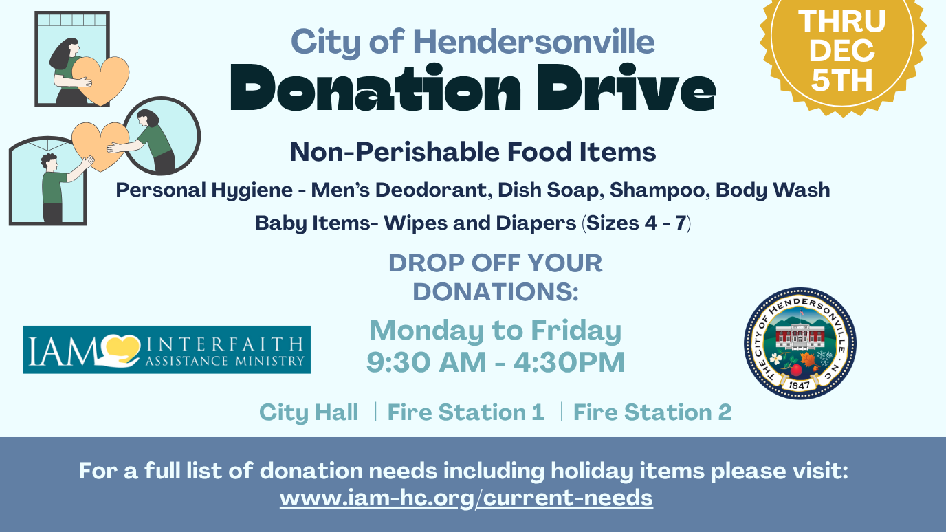 Hendersonville Donation Drive graphic, with event details.