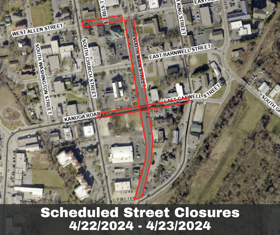 map of main street closure from Allen to south main as well as caswell and a portion of allen