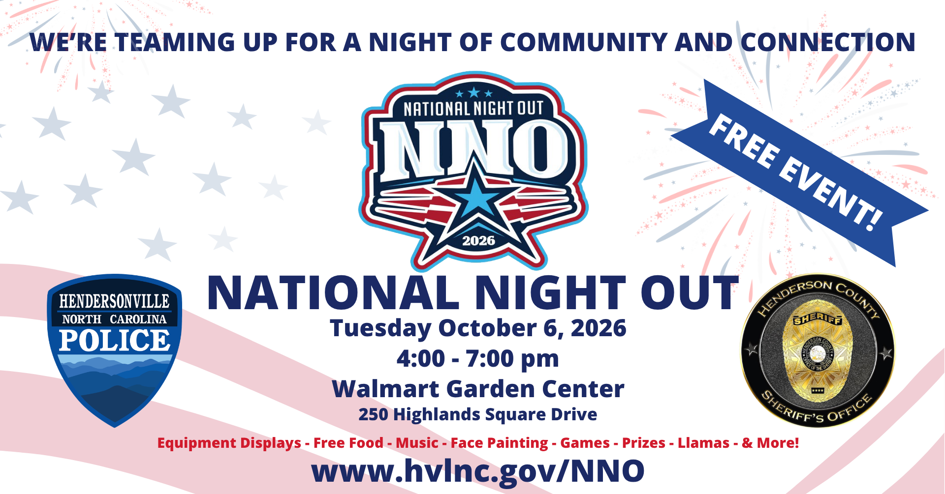 A banner with event information for National Night Out, with both the Police Department and Sheriff Department badges, and fireworks in the background.