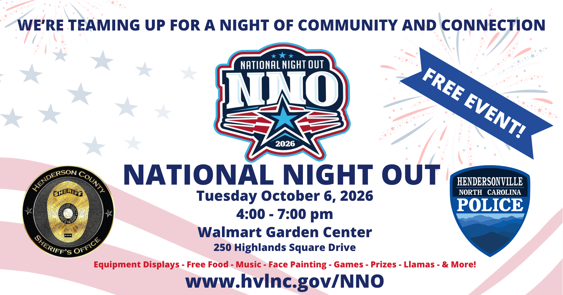 Graphic with fireworks and american flag stripes in the background, showing National Night Out event information. It also shows both badges for the Hendersonville Police Department and Henderson County Sheriff's Office.