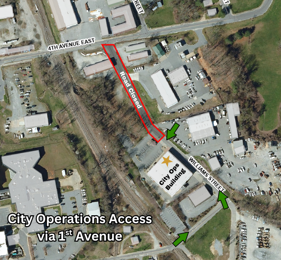Map showing access route to City Operations Building via 1st Avenue.