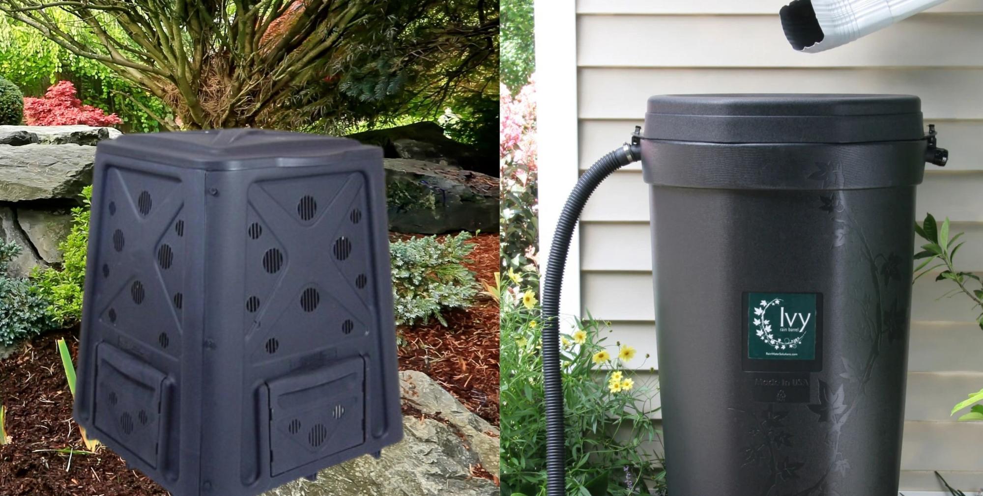 Compost bin and rain barrel graphic