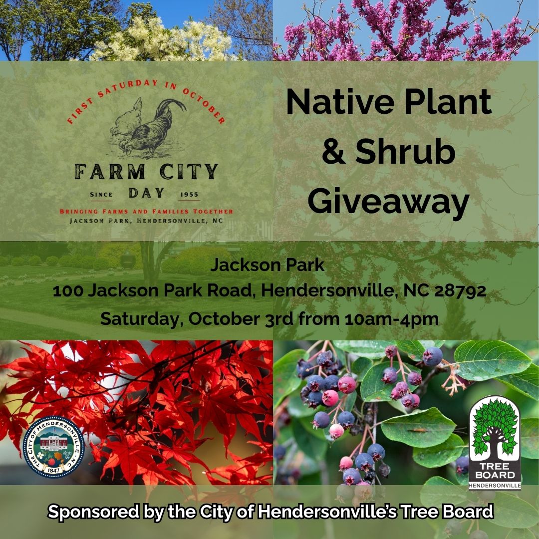 Native plant and shrub graphic with same verbiage as included in event description. Four images of native trees are included