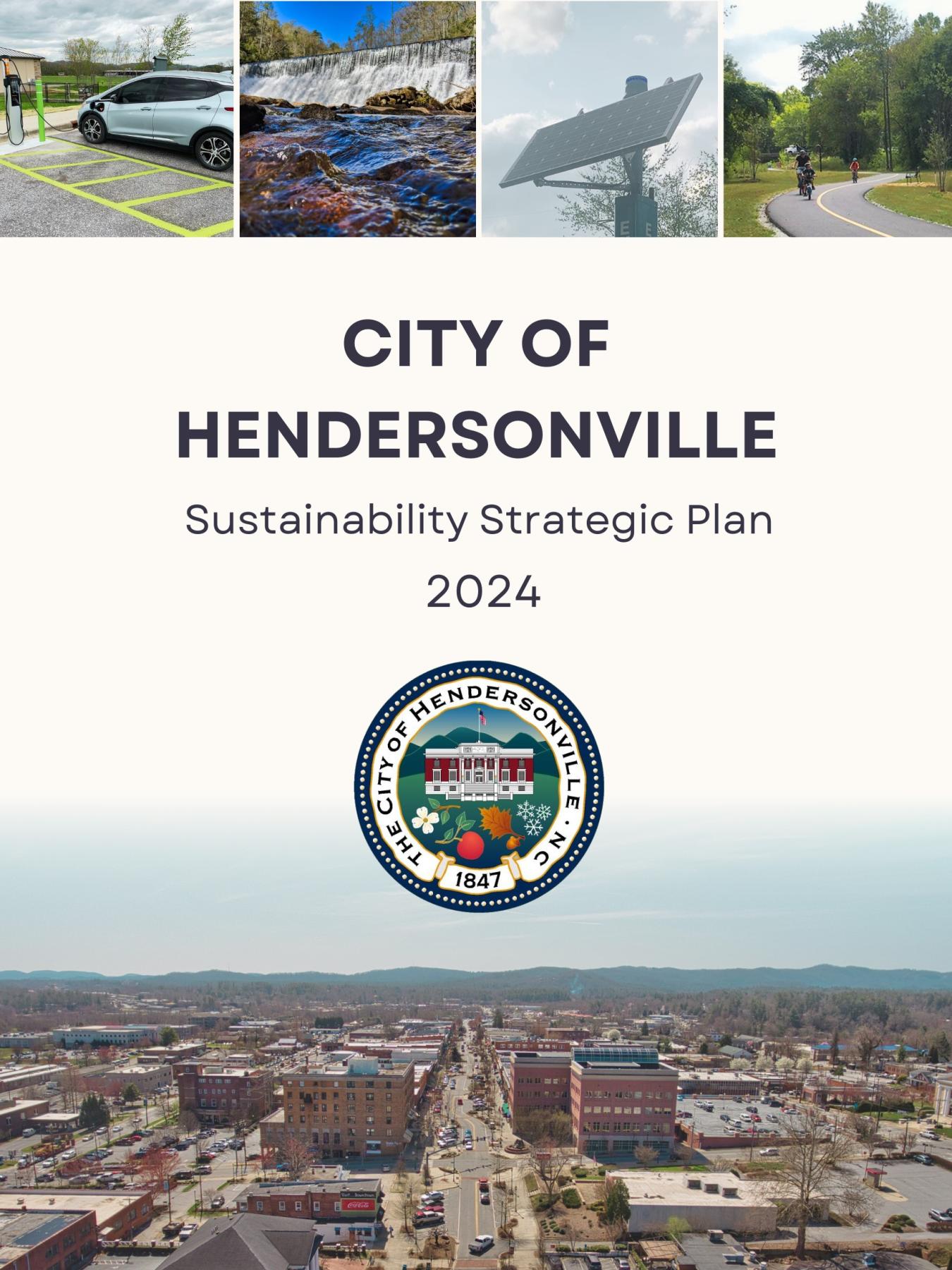 Drone photo of Hendersonville and ev charger, waterfall, solar panel and greenway