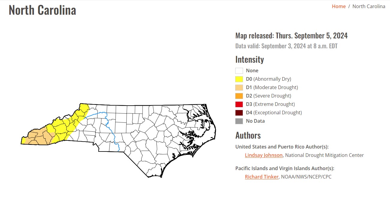 map of NC with henderson county yellow showing abnormally dry conditions